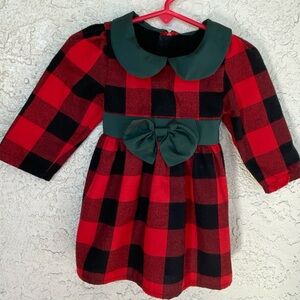 Toddler Sz 9-12 Mo Buffalo Plaid Flannel Holiday Dress w/ Green Collar and Bows